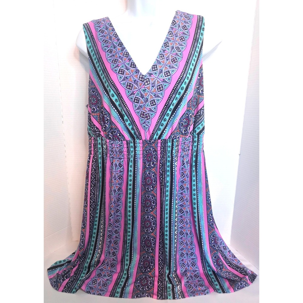 Soma Live Lounge Wear Purple Teal Geometric V-Neck Smocked Waist Dress Medium